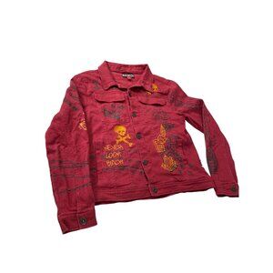 Black Pike Womens Red Denim embroided graphic jacket size M SKU 9178